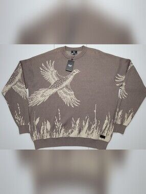 Waggle Upland Wildknit Sweater Mens 2XL Brown Pheasant Bird Graphic Crewneck New